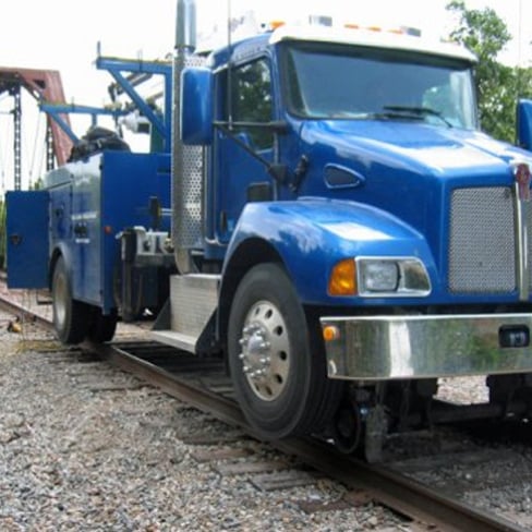 Kenworth work truck modified to drive on railroad tracks